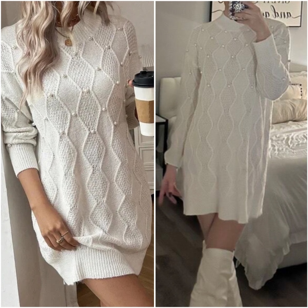 Luxe Pearl Detail Loose Fit Knit Sweater Dress